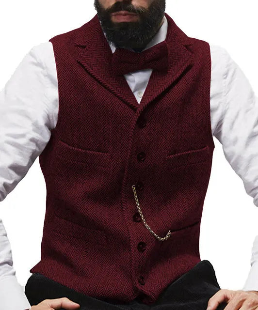 Lapel V Neck Wool Vest - Wine Red / S - HIS.BOUTIQUE