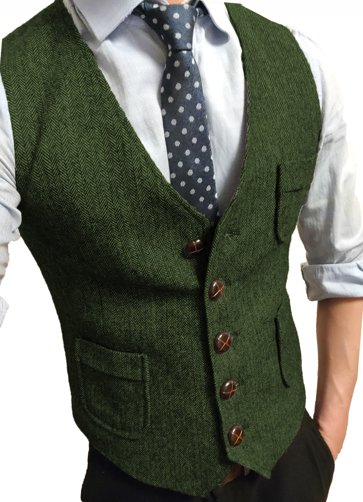 Tweed V-Neck  Vest - Army green / XS - HIS.BOUTIQUE